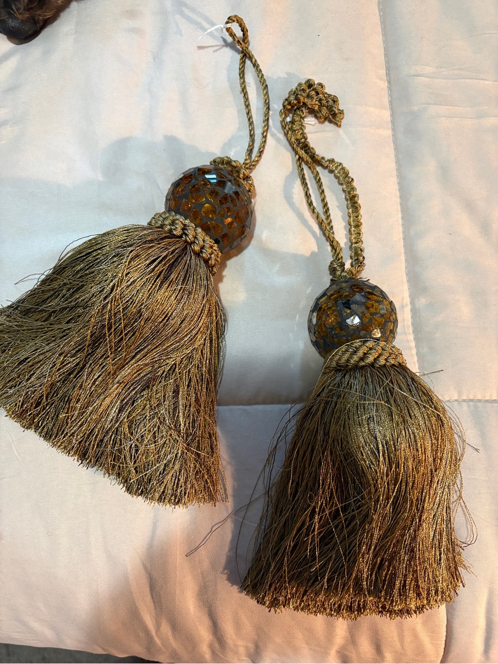 Source Unknown Gold-Brown Beaded Stained Glass , Tassel Tiebacks 13”